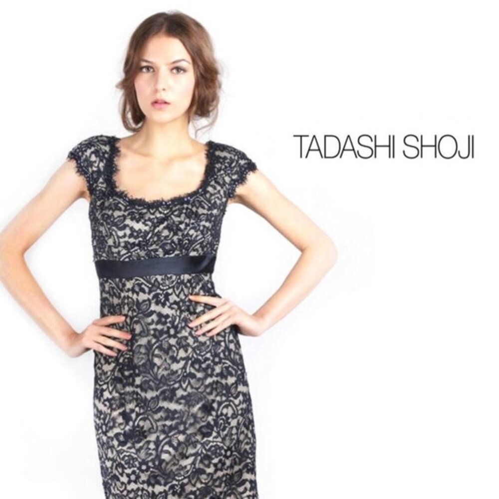 Tadashi Shoji Collection 6 Floral Lace Blue Cocktail Dress Midi Beaded Sequin